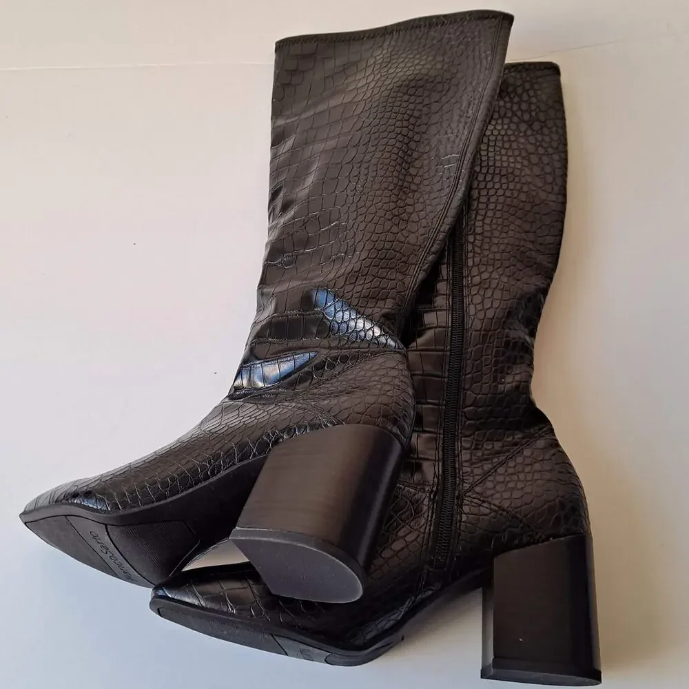 NWT Franco Sarto Tribute Black Croc Faux Leather Knee High Boots WIDE Calf 8.5 M